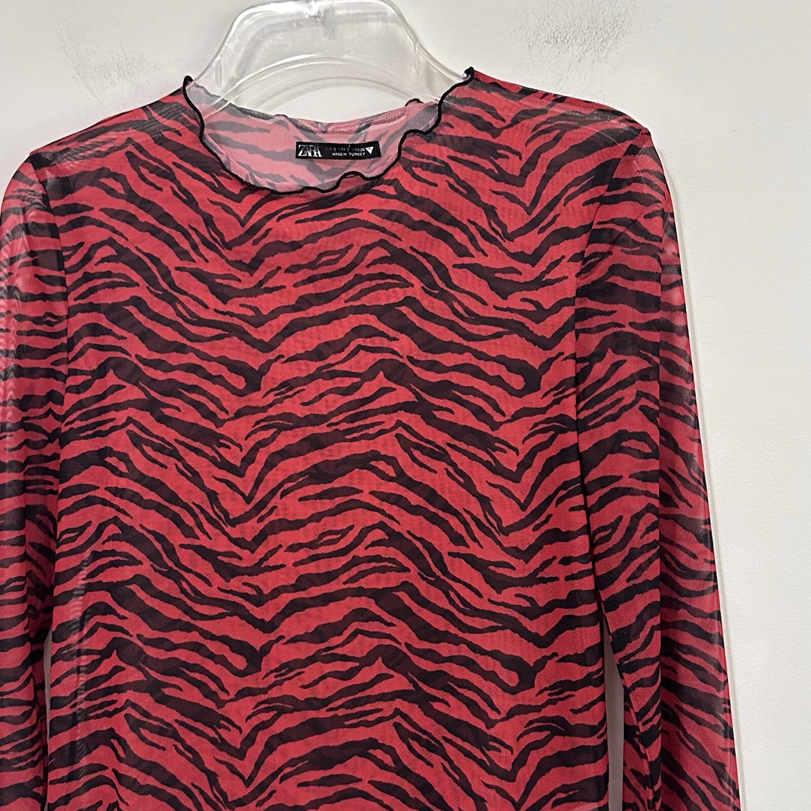 Zara Sheer Red Zebra Top Shirt S Long Sleeve Shirt Cocktail Club Party Concert
