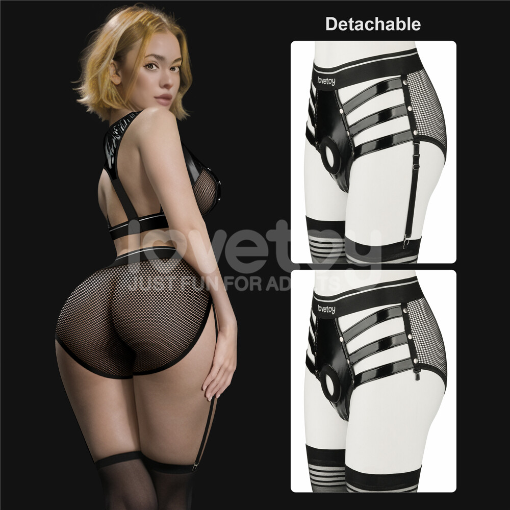 Reign Leather & Mesh Harness Set Body Bra & Panty Garter Belt Harness Lingerie