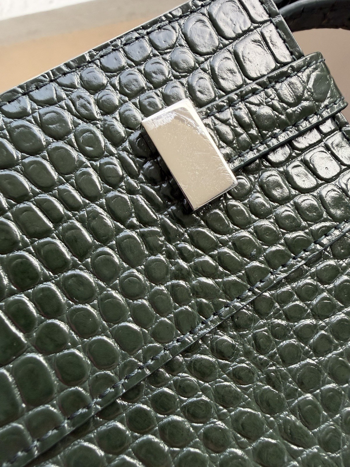 SAINT LAURENT Small Manhattan Green Silver Embossed Leather Bag Shoulder Strap