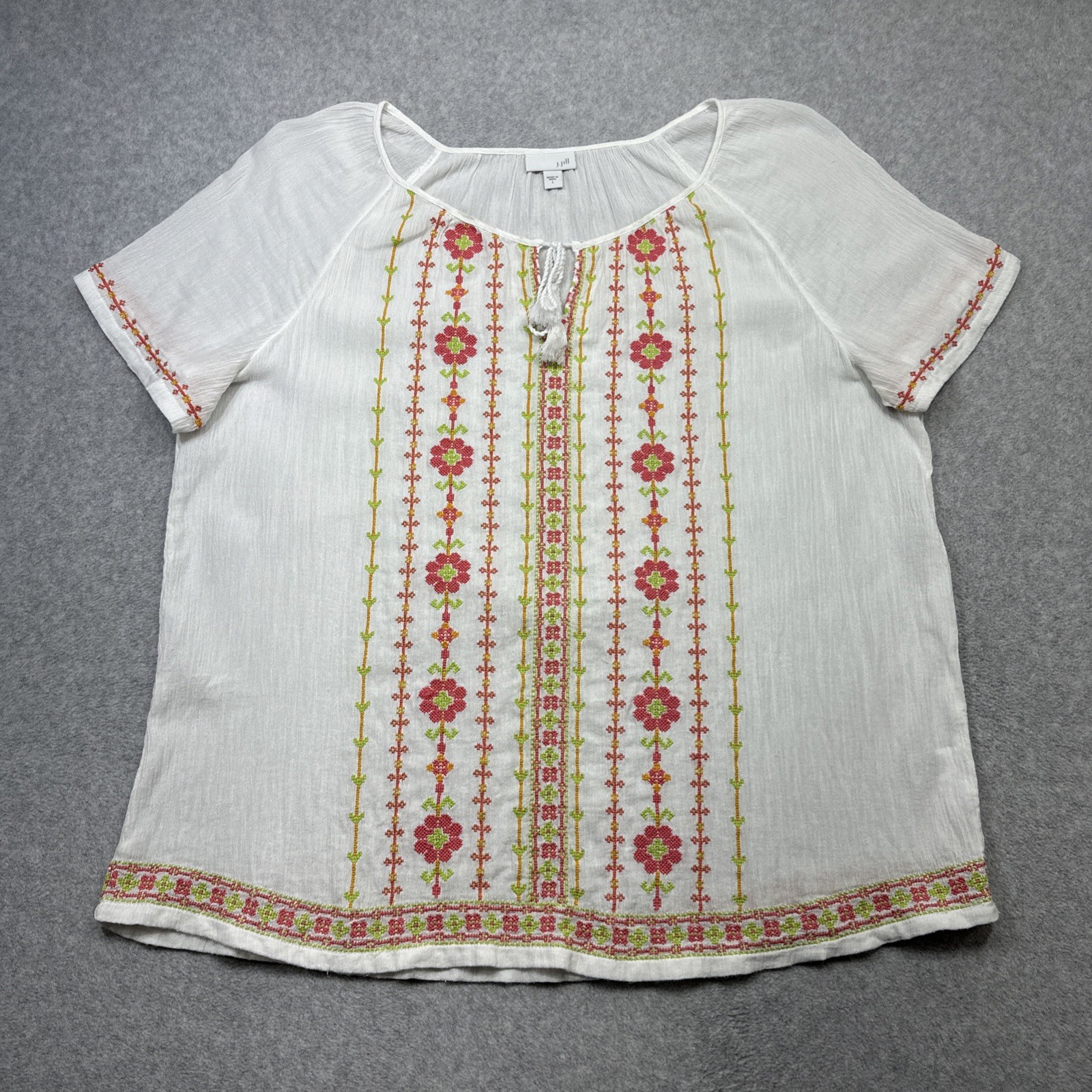 J Jill Top Large White Embroidered Gauze Beach Casual Cottagecore Boho Peasant