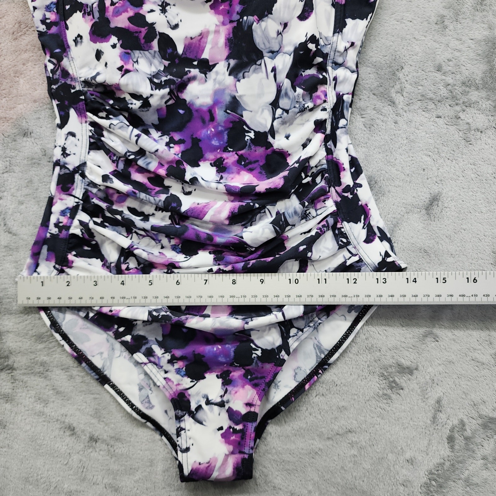 NEW Jusfitsu Swimsuit Size 6 Purple Black Floral Ruched Tummy Control High Cut