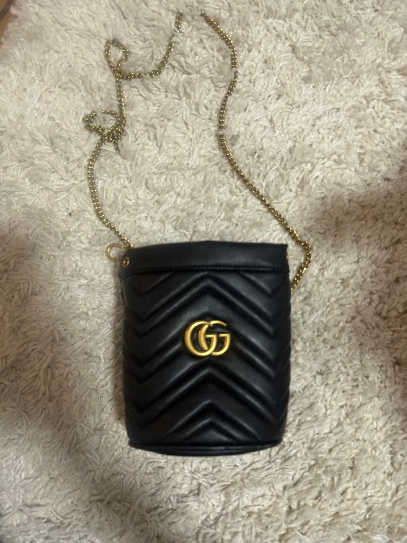 GUCCI Marmont GG Chain Shoulder Bag Drawstring Leather Black Gold Hardware Japan