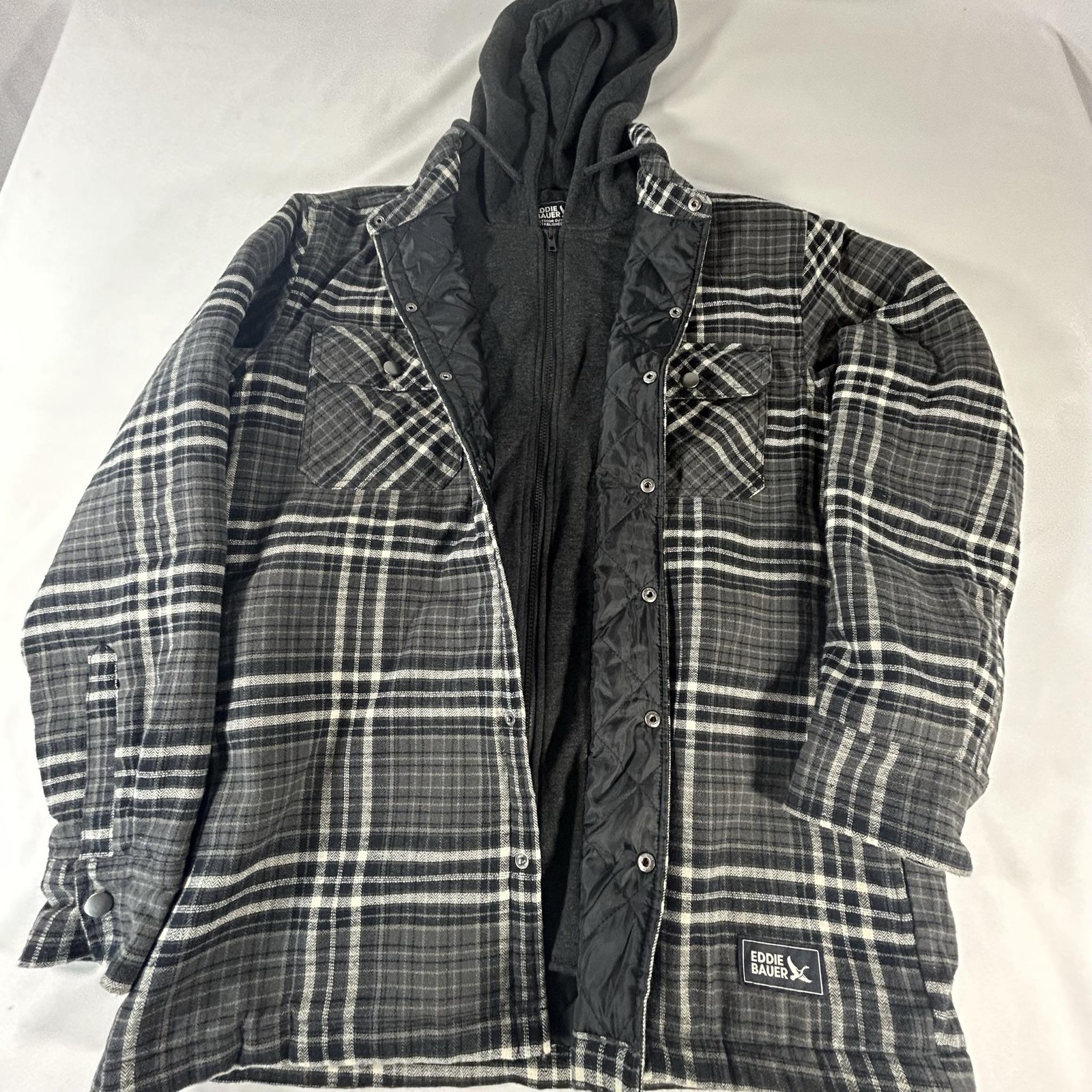 Eddie Bauer Jacket Mens Medium Gray Plaid Quilted Hooded Flannel Lined Coat