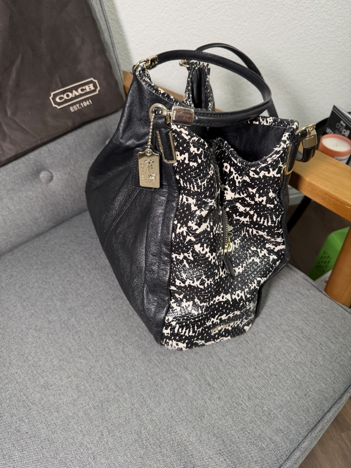 Coach Madison Phoebe handbag featuring black leather sides & 2 tone python