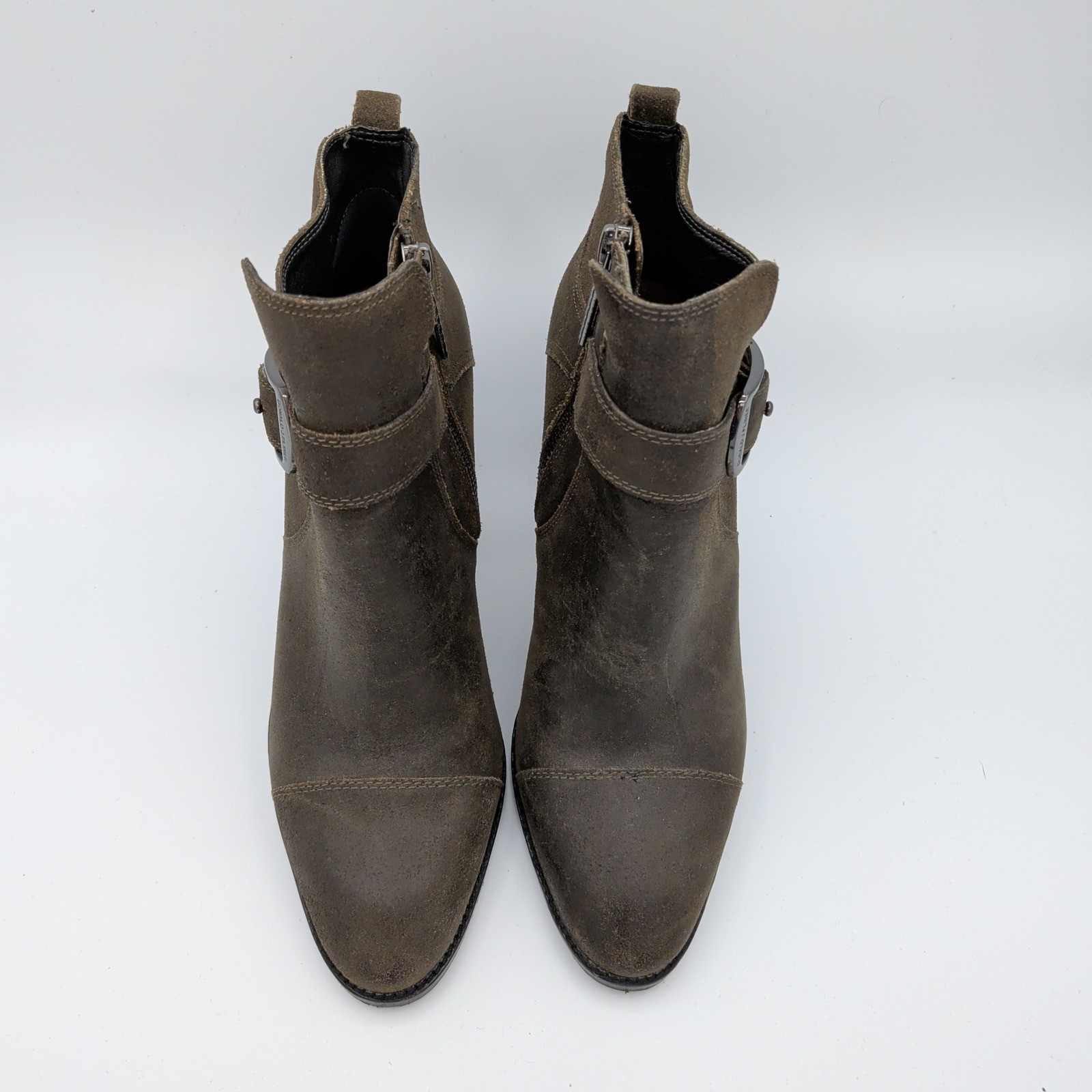 Donald Pliner Sage Suede Buckle Ankle Boots Women’s 9.5M Olive Brown Block Heel