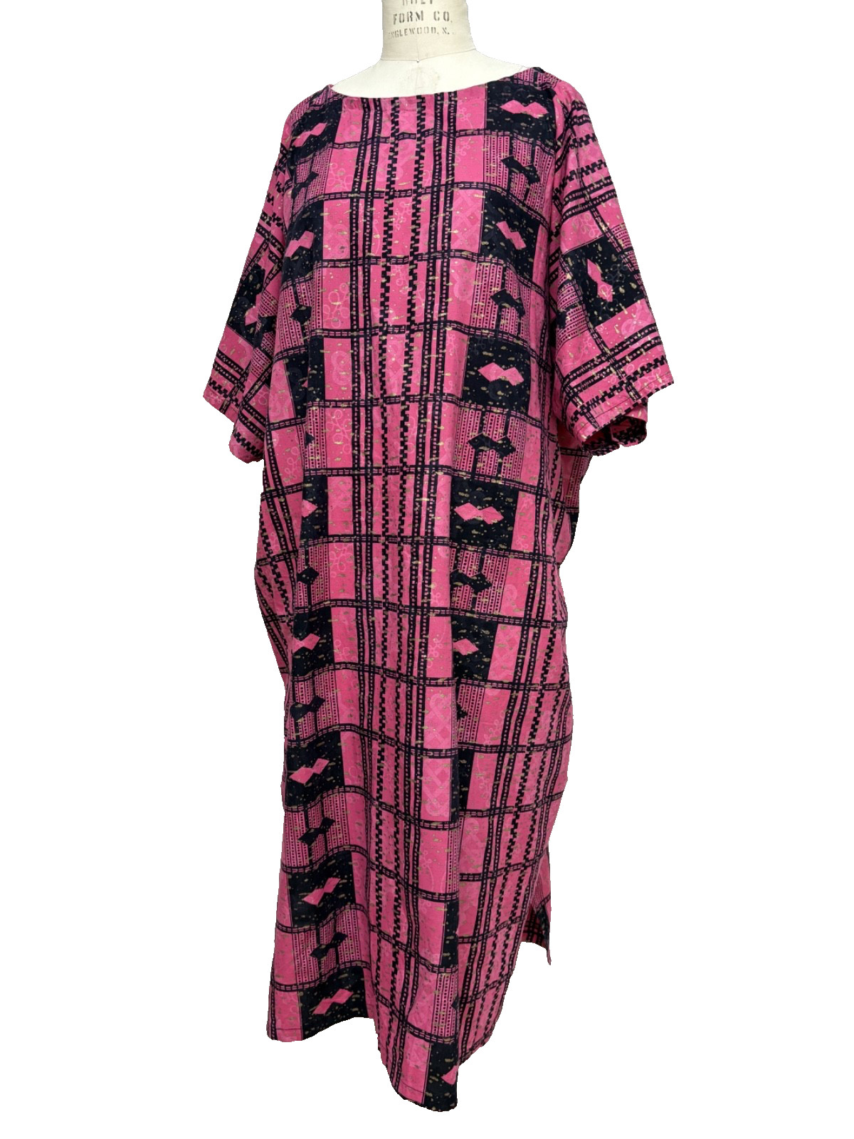 Vintage Miss Egypt Dress Middle Eastern Kaftan Pink Gold Print Ethnic Cotton OS