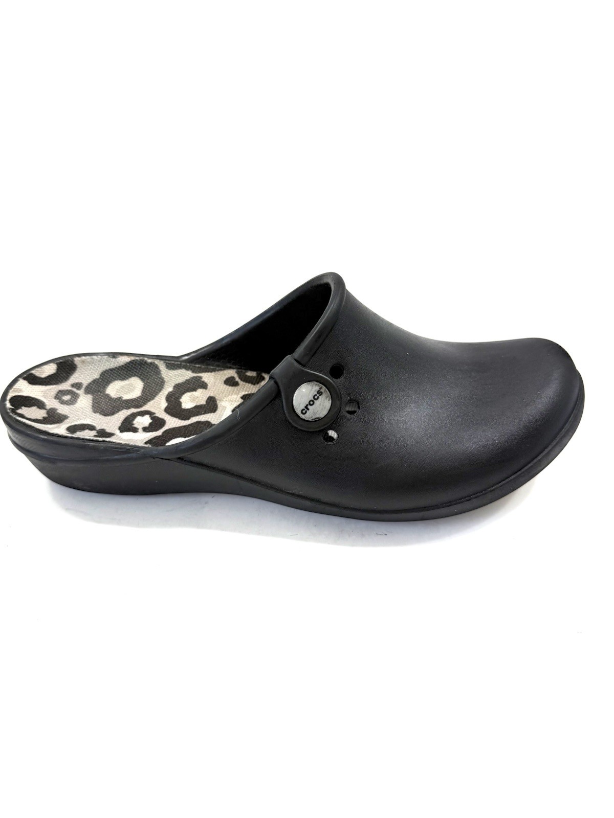 Crocs Women’s Tully Black Clog W/Leopard Insole, Slip On Size 9 M, EUC