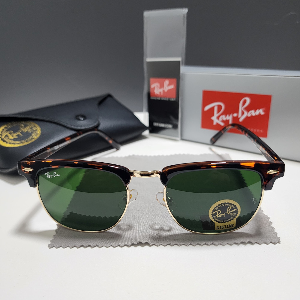 Ray-Ban RB3016 Clubmaster Sunglasses Tortoise Shell Frame Glass Green Lens 51 mm