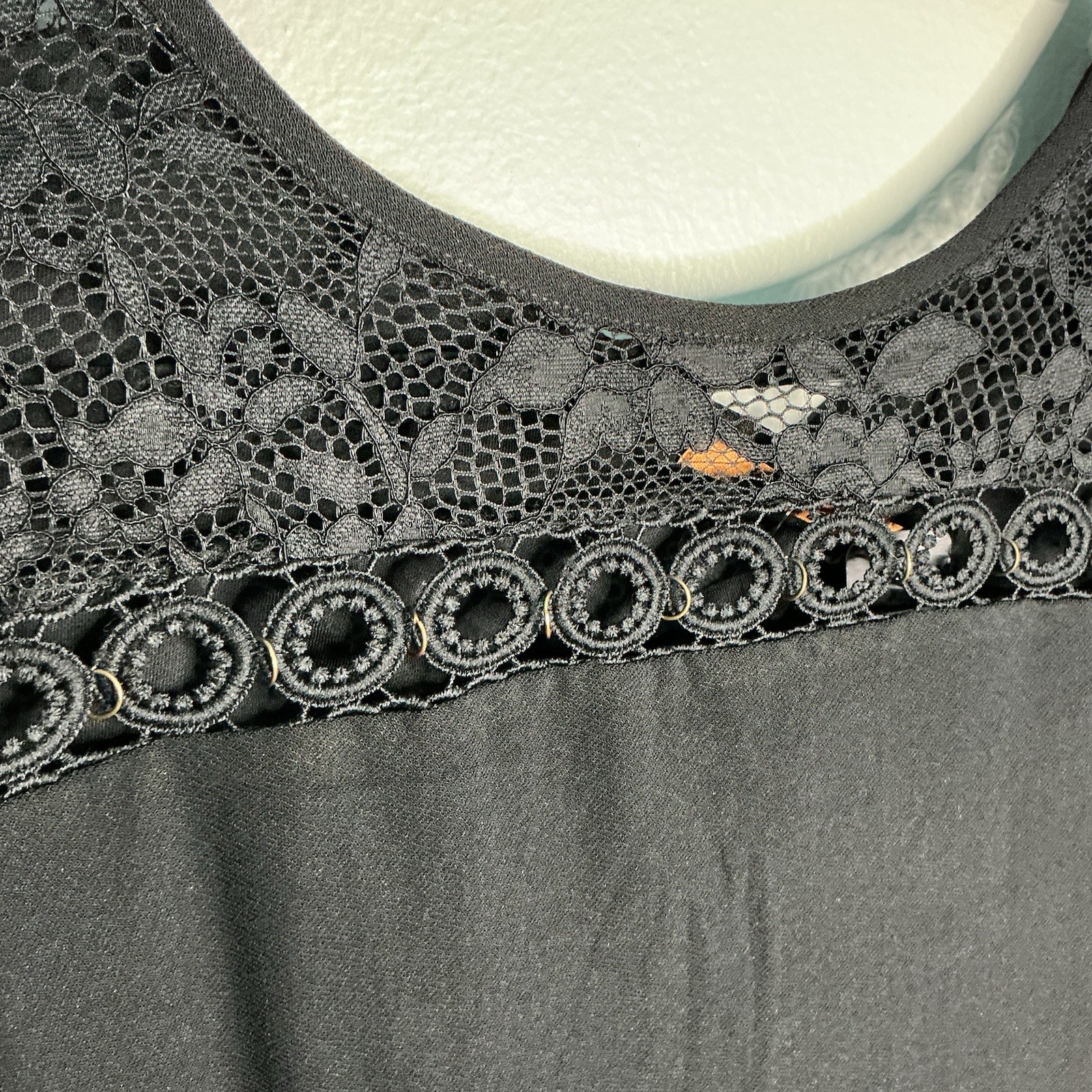 NWT Bellini Women’s M Black Solid Scoop Neck Lace Yoke Ruffle Bell Sleeve Blouse