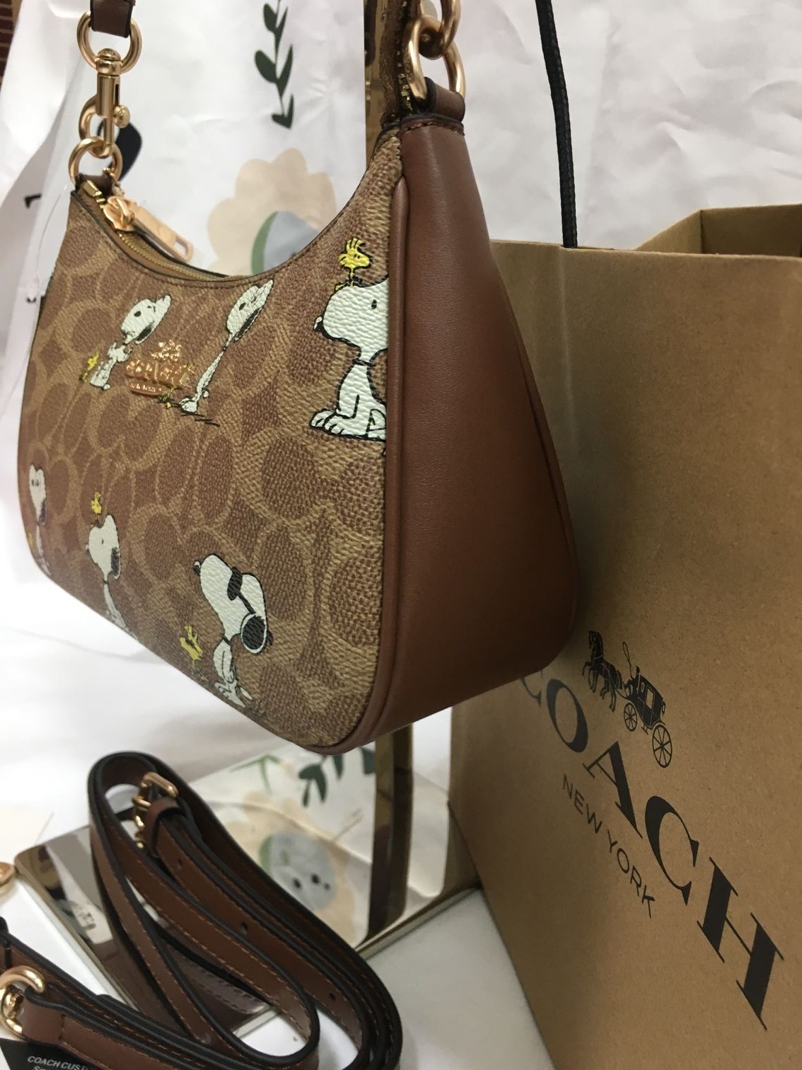 COACH x PEANUTS Teri Shoulder Bag Tan Brown Snoopy Print Signature Canvas CBJ88
