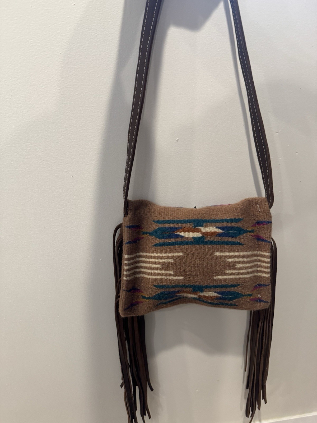 Southwestern Woven Wool Blanket Fringe Crossbody Bag with Rhinestone Concho