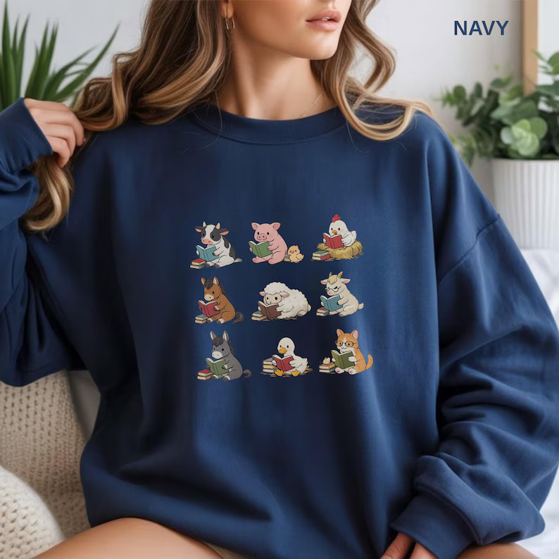 Farm Animals Reading Book Lover Cute Cottagecore Comfort Tee