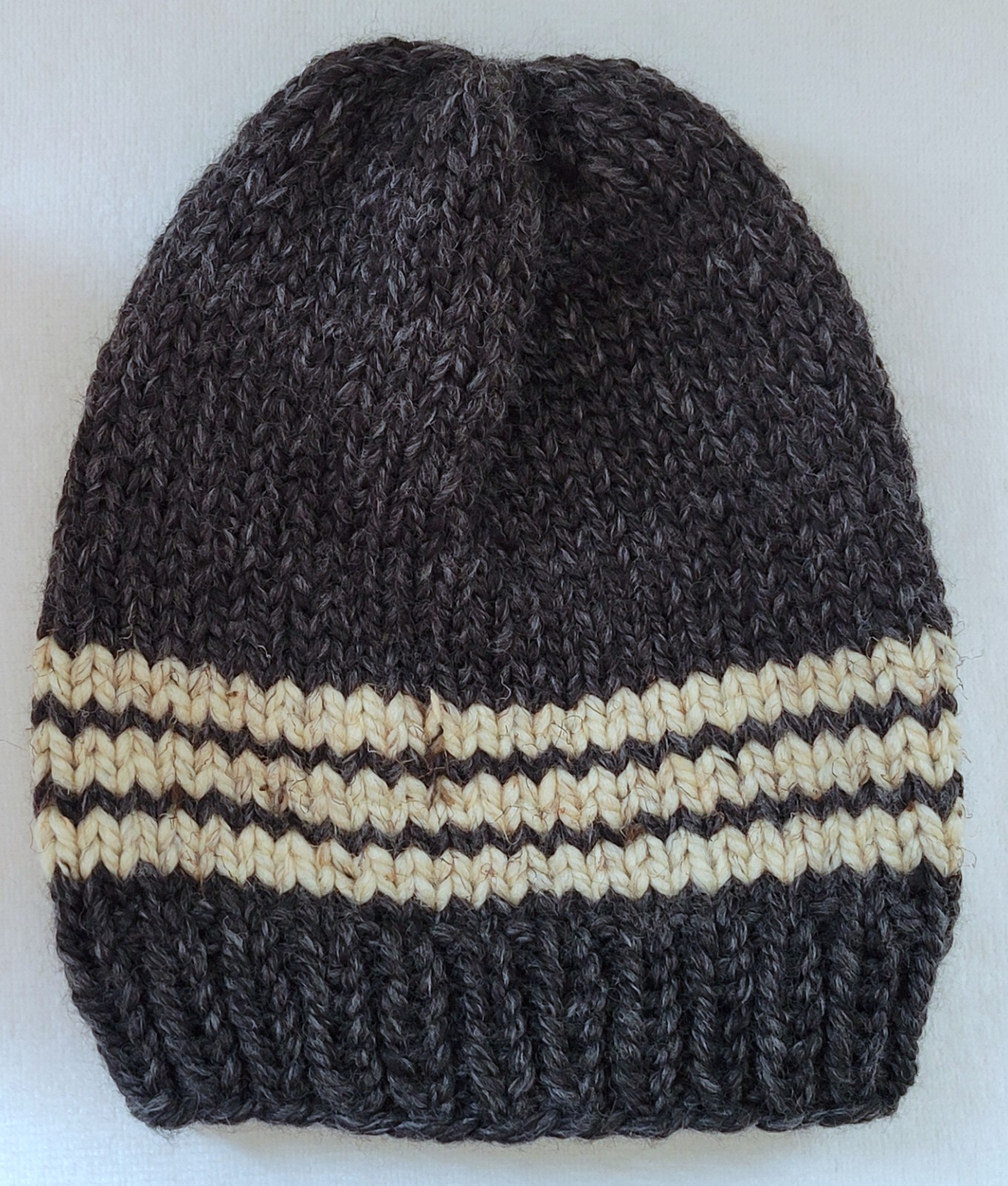 New Slouch Hat – Dark Gray w/ Beige Stripes – Wool Blend Handmade Hand Knit