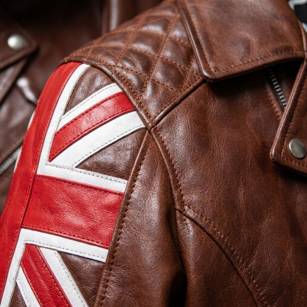 Men’s Biker Cafe Racer Motorcycle UK Flag Patch Vintage Distressed Black Leather