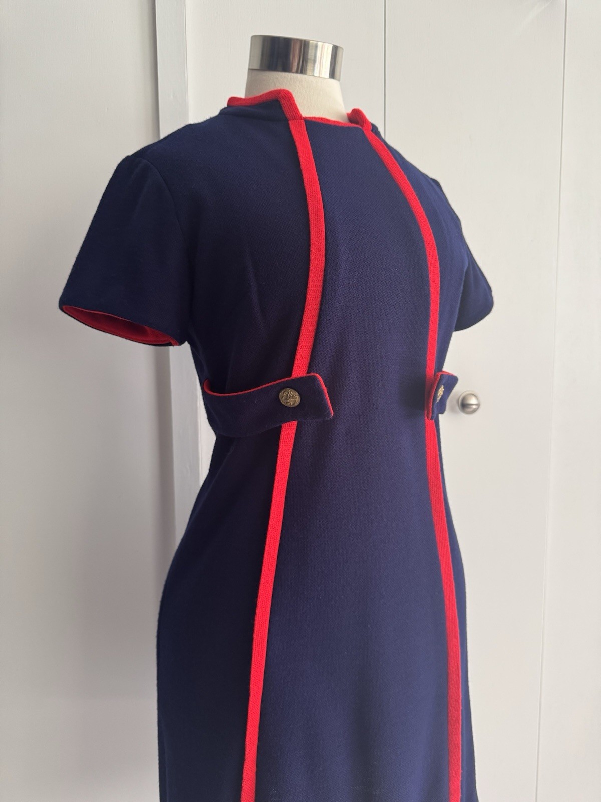 Vintage 1960s Navy Knit Dress Bold Red Piping Decorative Buttons