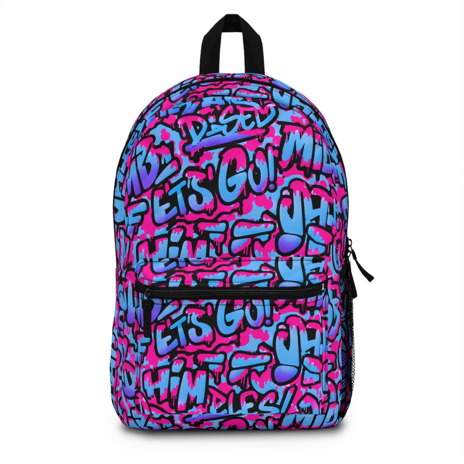 Graffiti ‘Let’s Go’ Pattern Backpack | Neon Pink Blue Urban Street
