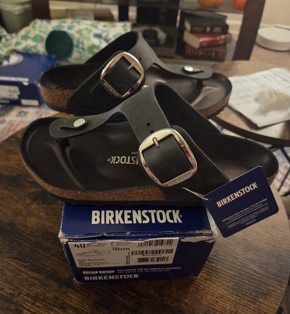 Birkenstock Gizeh Black Leather Thong Sandals Big Buckle EU 40 US 9 Regular