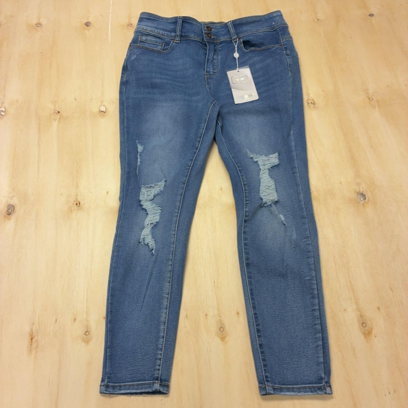 Blue Savvy Skinny Jeans Womens 14W Medium Wash Blue Distressed Stretch Denim