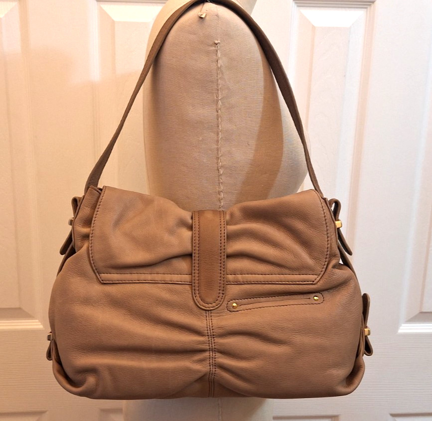 B. MAKOWSKY Taupe Leather Shoulder Hobo Bag Gold Bow Shaped Buckle NWOT