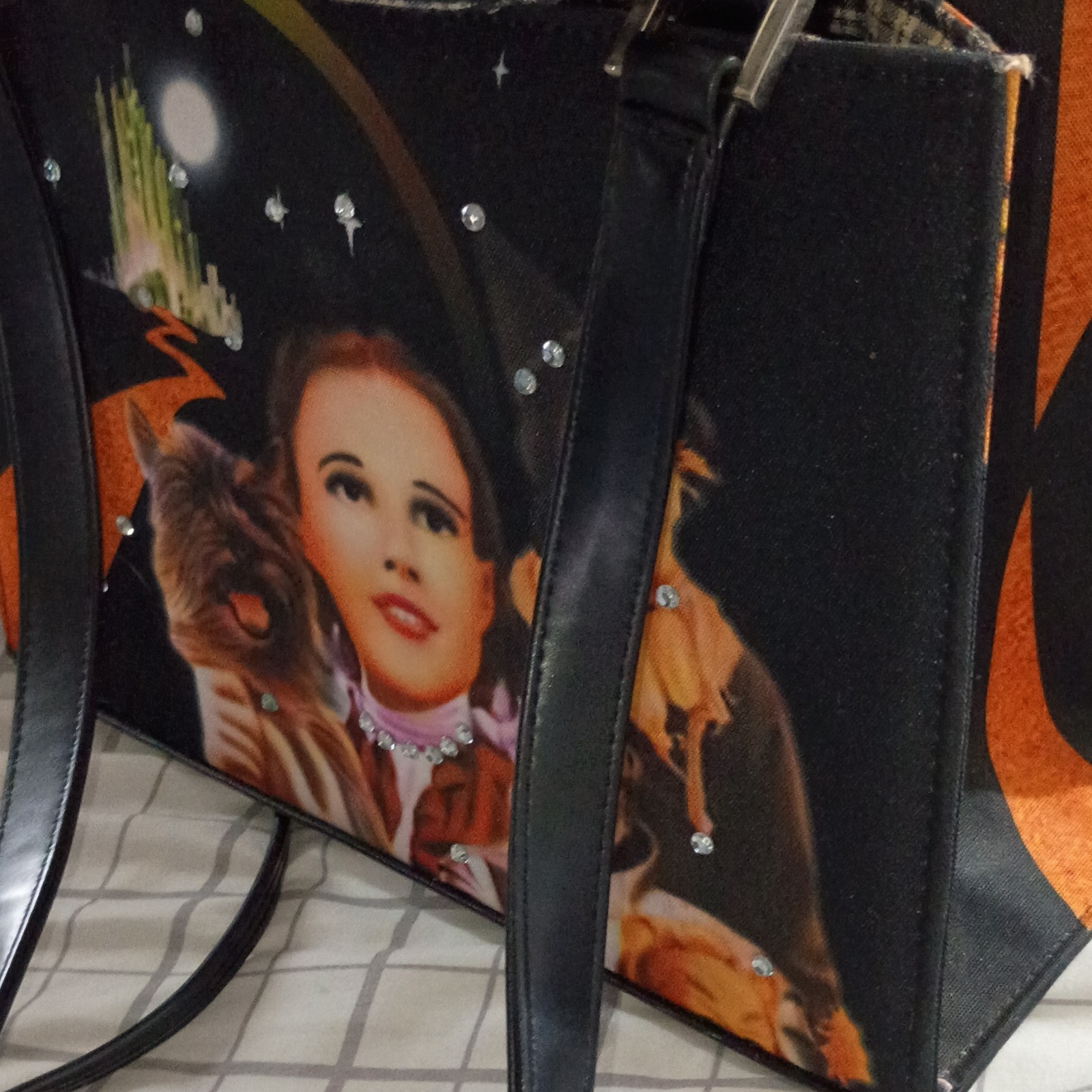 Wizard of Oz Graphic Print Black Shoulder Bag Studded Rhinestones Medium