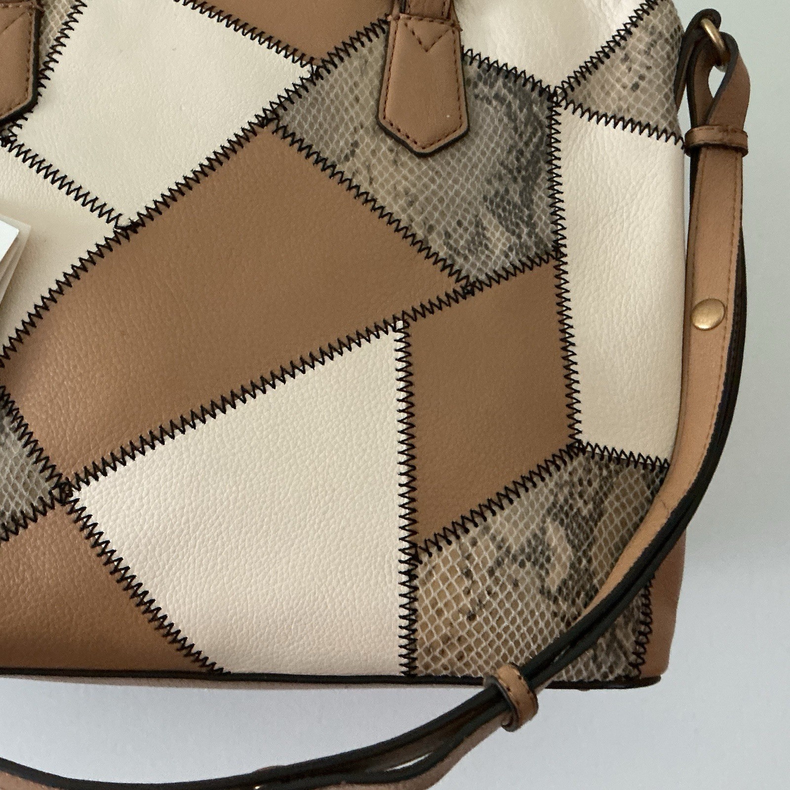 NWT Aimee Kestenberg Cream Tan Snake-Print Stitching Convertible Satchel MNF$248