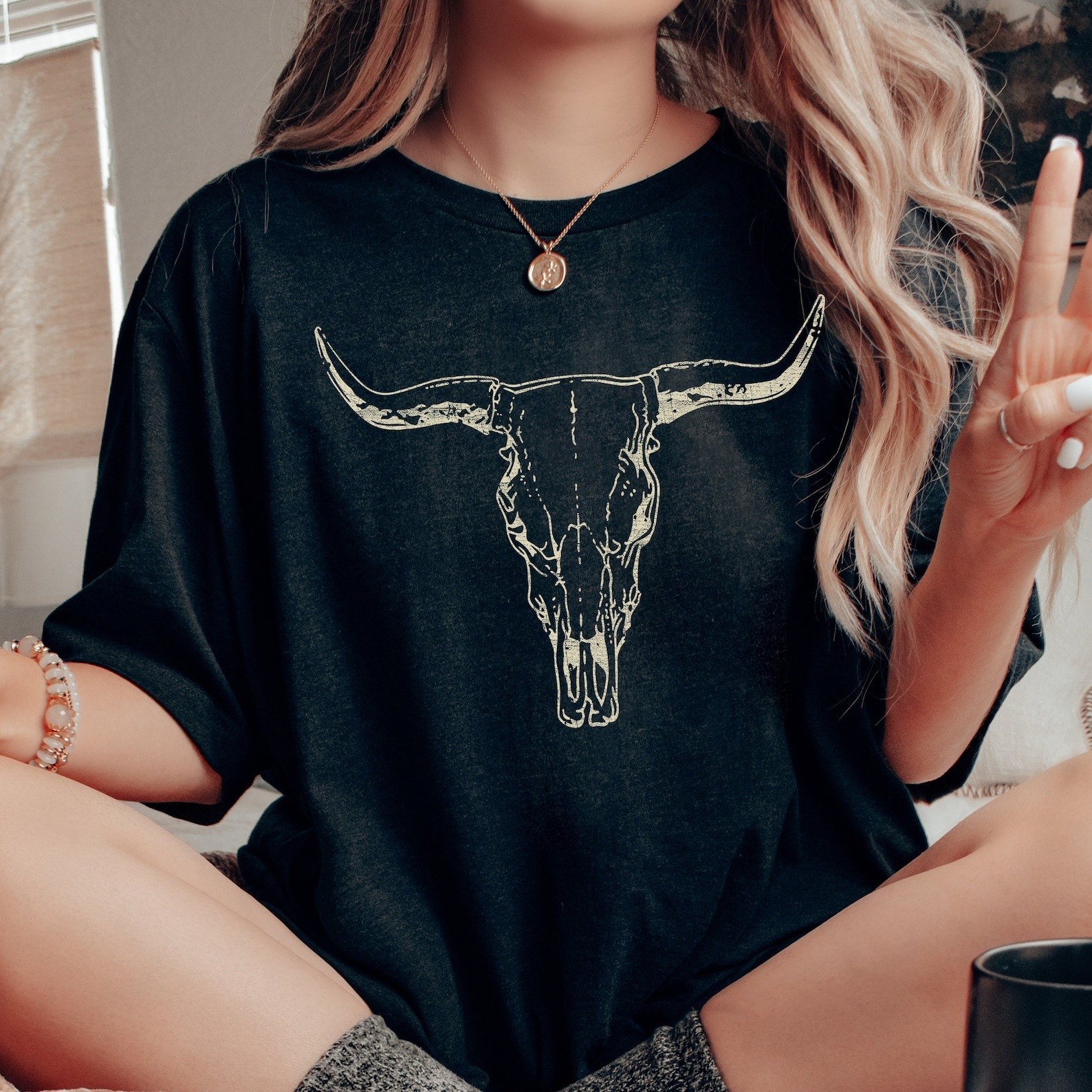 Boho Cow Skull Shirt, Western Graphic Tee, Rustic Desert Style Top