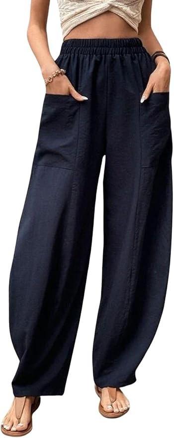 Casual Elastic Waist Harem Pants Women with Pockets Summer Barrel Pants Palazzo