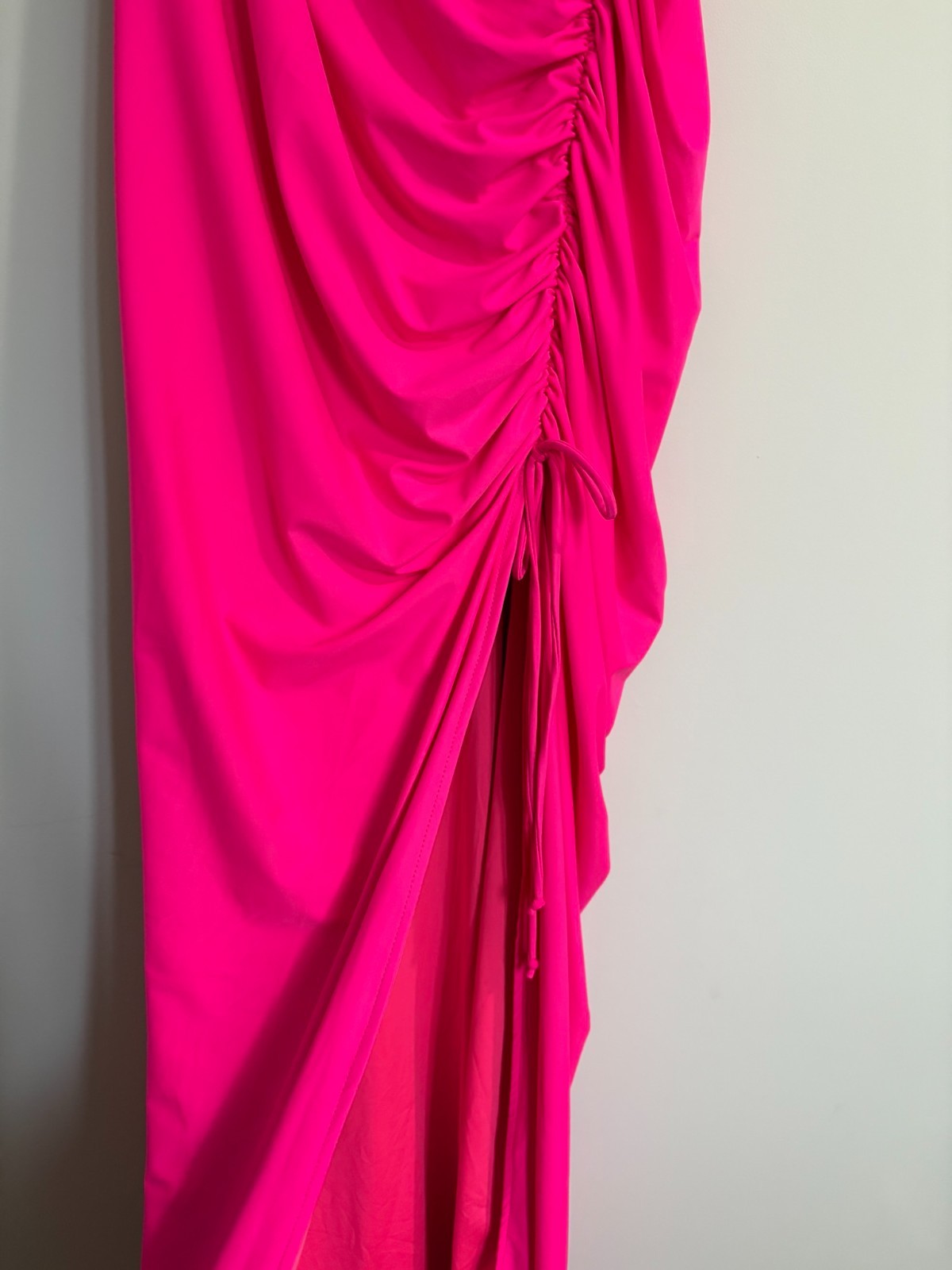 NWT Good American Maxi Dress Sz 5 Slit Spaghetti Staps Ruched Side Knockout Pink