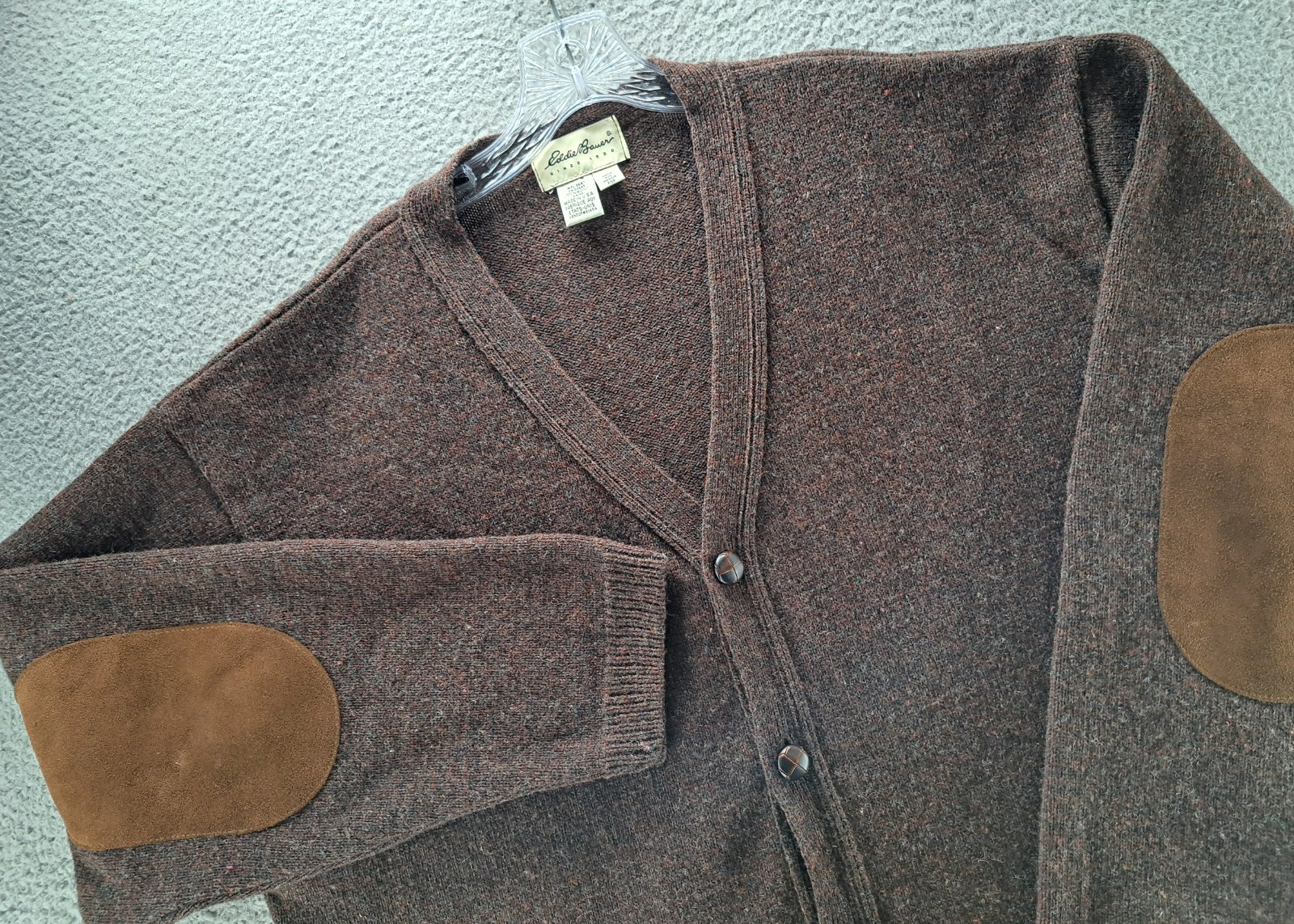 VINTAGE Eddie Bauer Sweater Mens 2XL Brown 100% Wool Cardigan Elbow Patches USA
