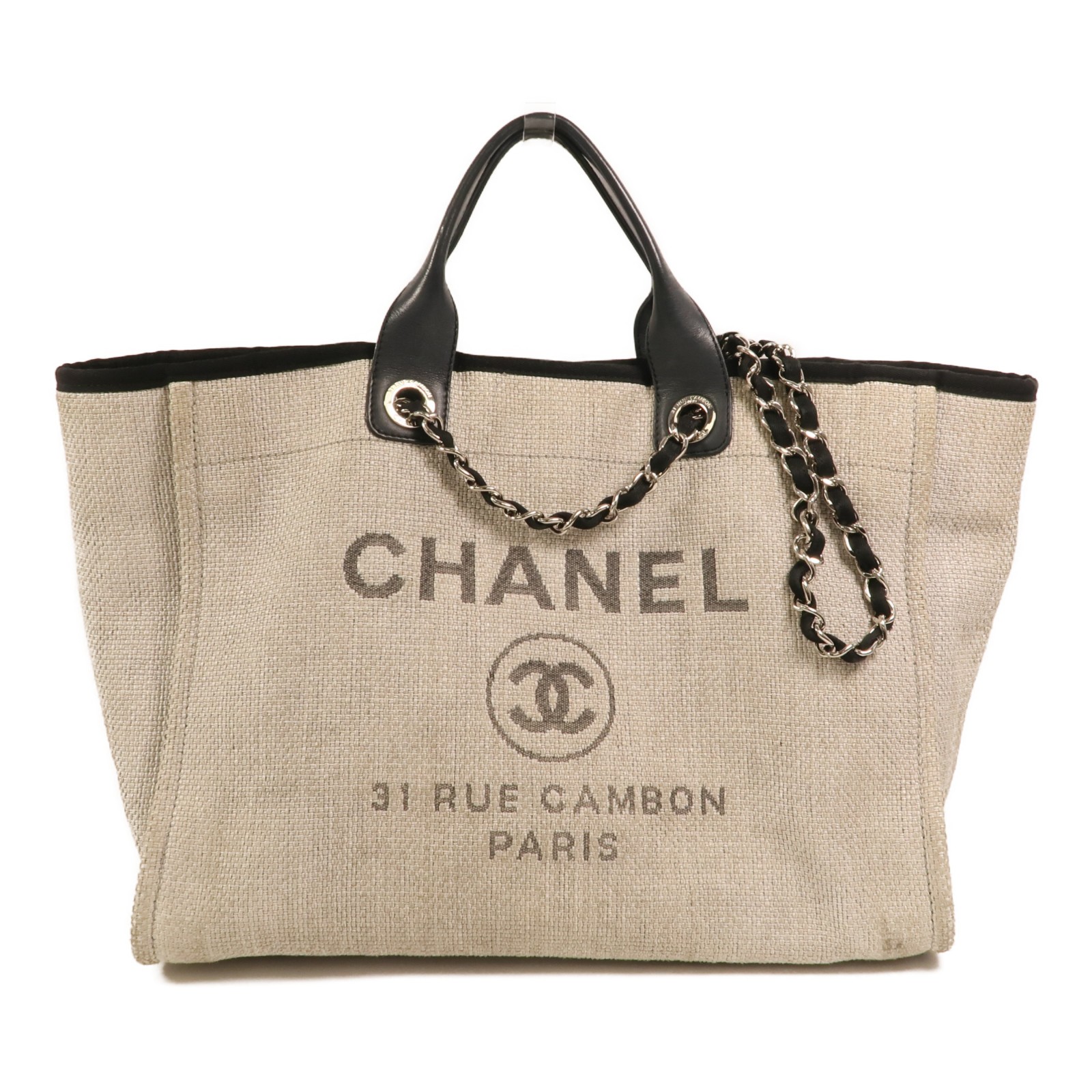CHANEL CC SHW Deauville Tote 2 Way Chain Shoulder Bag Canvas White