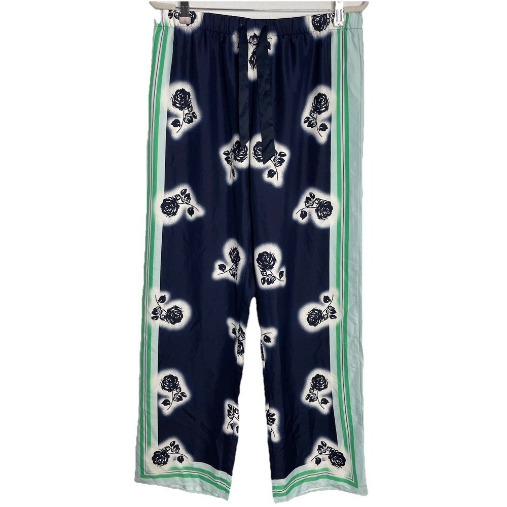 VICTORIA’S SECRET WOMEN’S SATIN LOUNGE NAVY BLUE GREEN ROSE PJ PAJAMA PANT Large