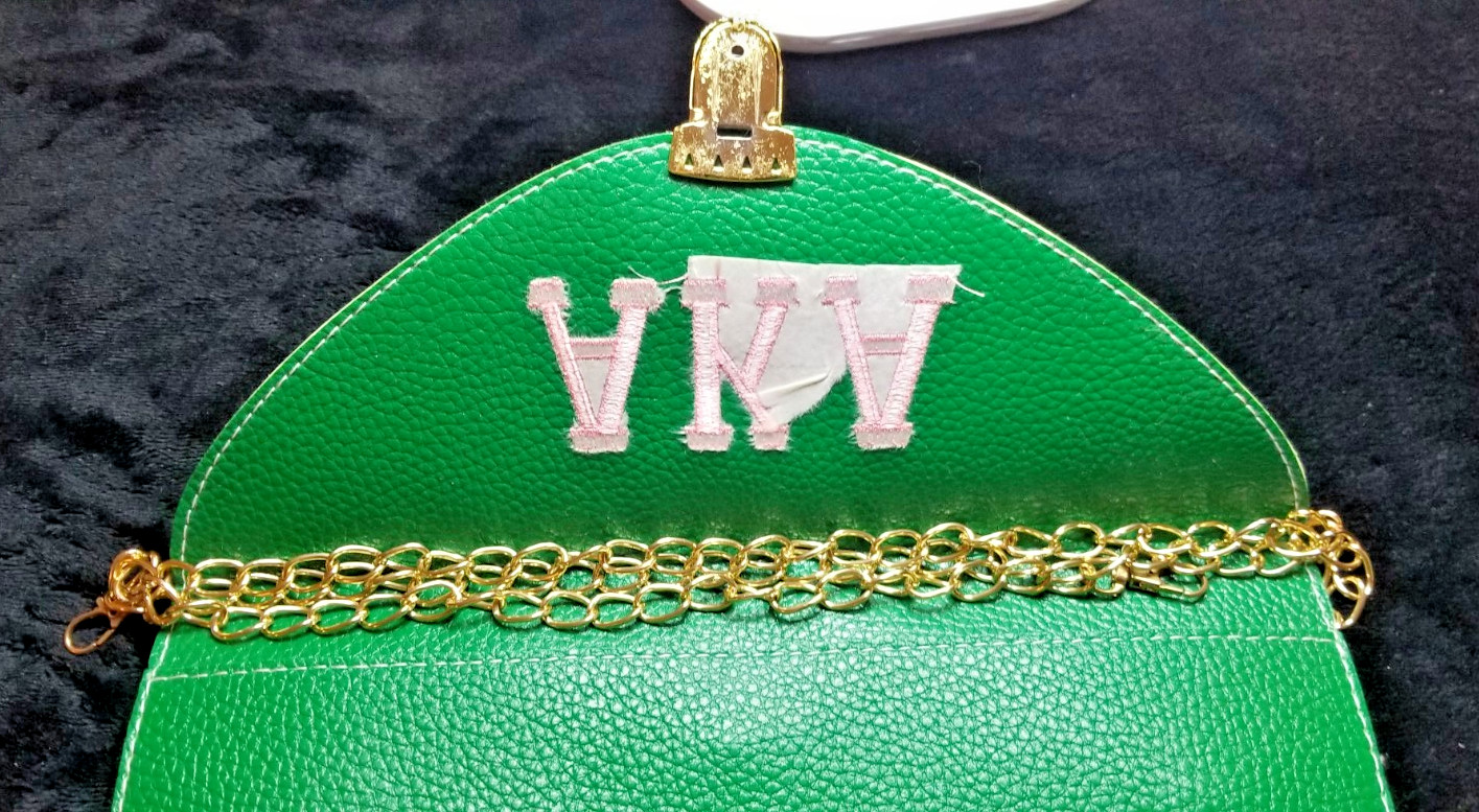 Alpha Kappa Alpha AKA Green Pebbled Faux Leather Envelope Clutch w/ Gold Chain