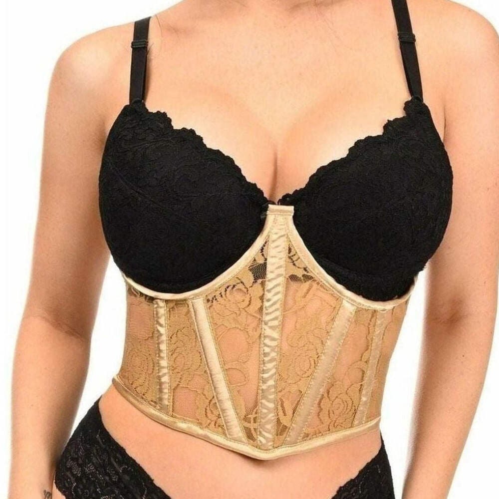 Daisy Corset Lavish Beige Sheer Lace Underwire Waist Cincher Nude Boudoir Laceup