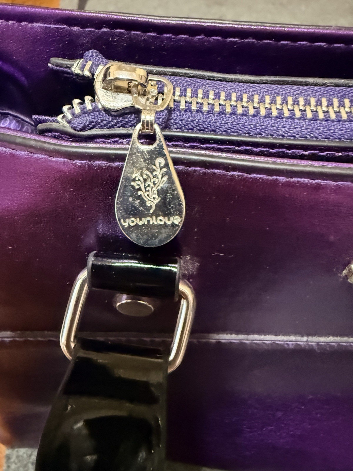 Younique Purple Metallic Satchel Top Handle Zip Bag w/ Detachable Strap Charm