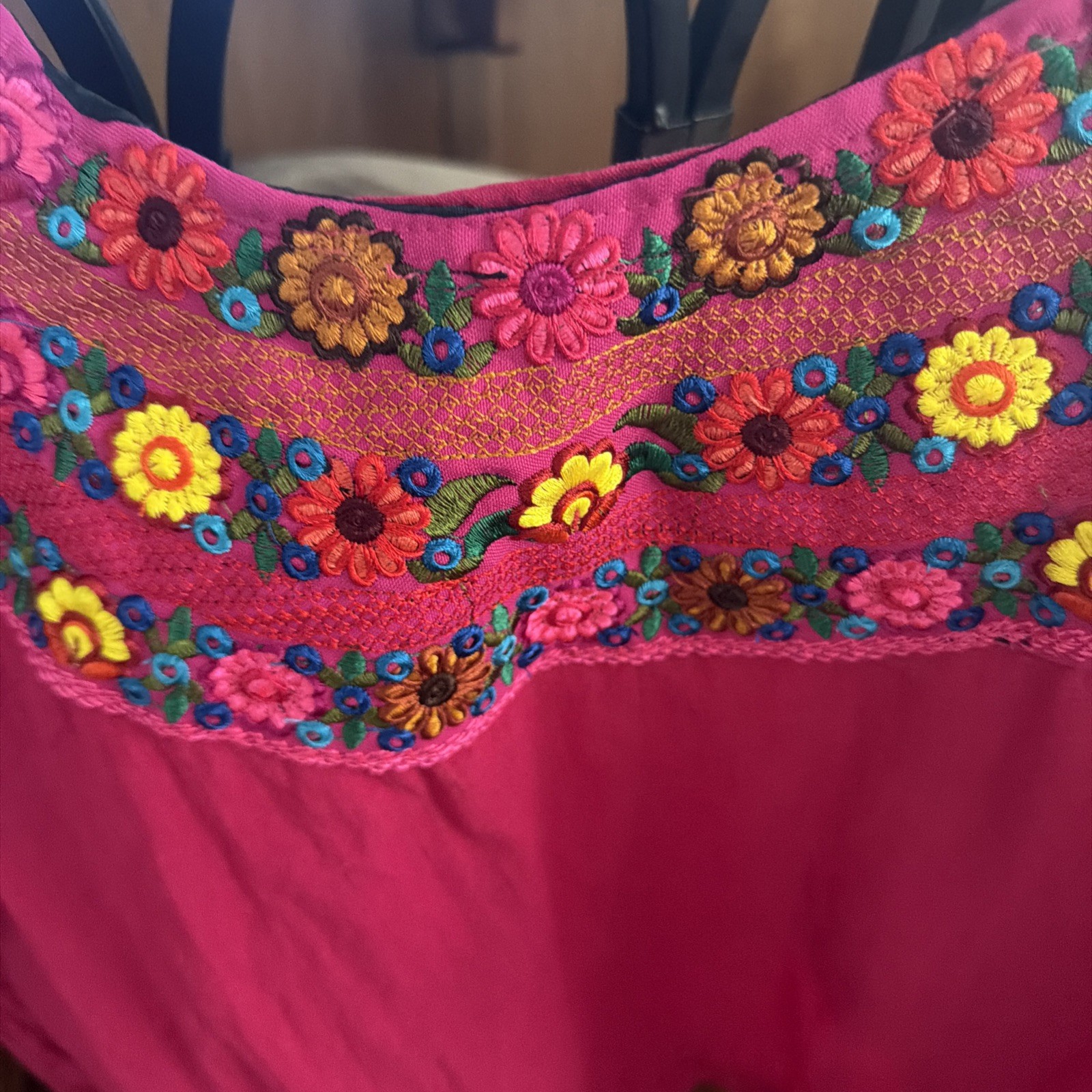 Mexico Embroidery top hot pink floral Peasant top cotton bright colorful L/XL