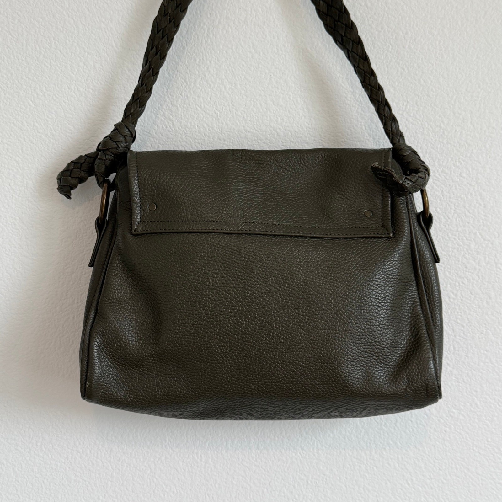 Falor Pebbled Leather Shoulder Bag Artisanal Green Boho Braided Strap Made Italy