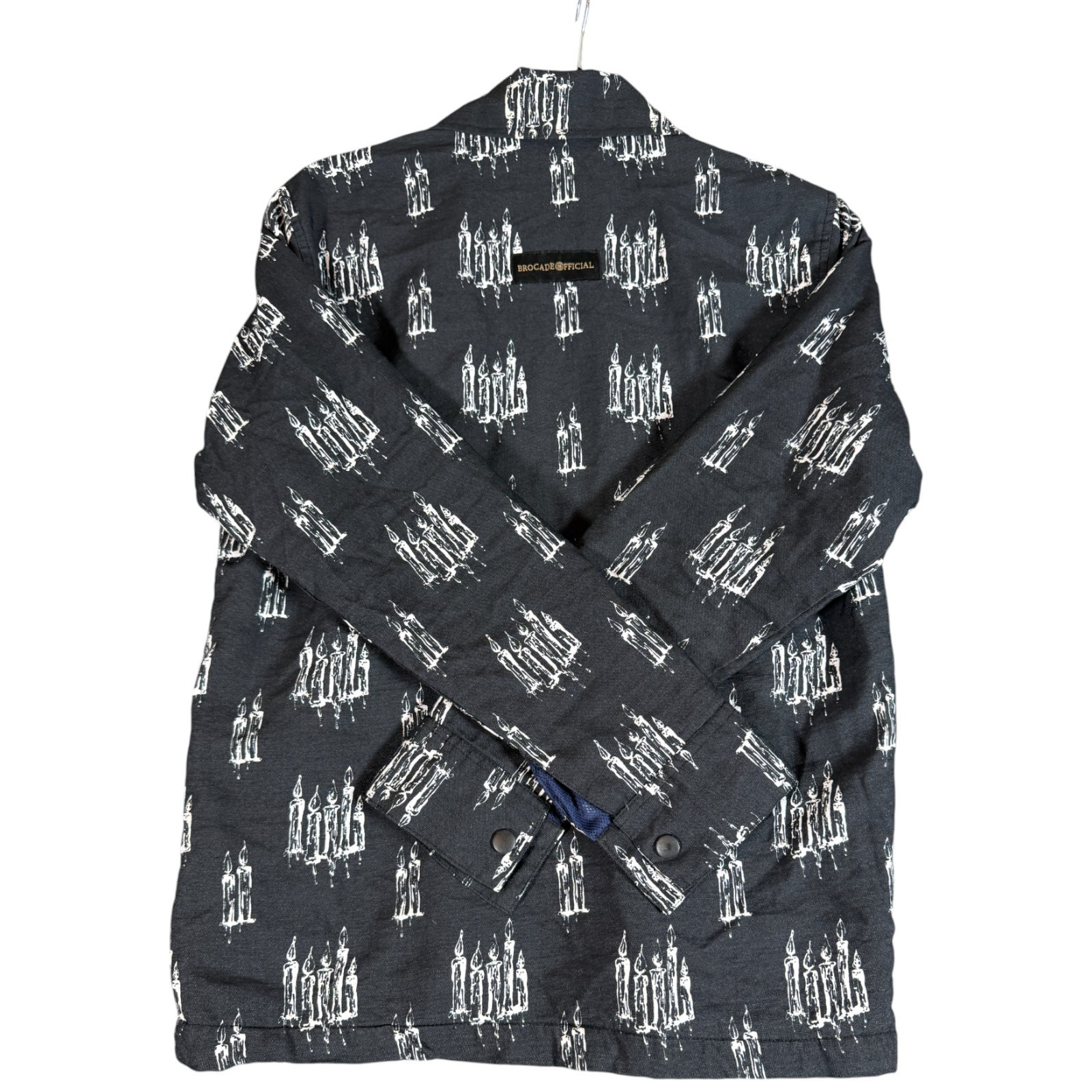 Brocade Official Denim Jacket Mens M Black All Over Print Point Collar Outdoor