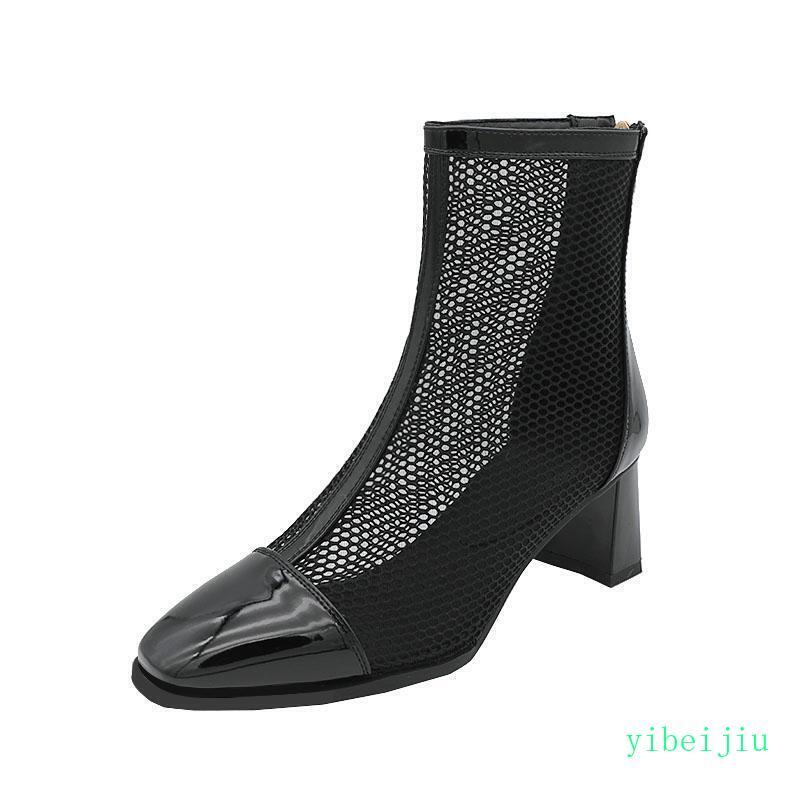 Mid Calf Boots Womens Block Heel Sandal Net Mesh Hollow Out Shoes Plus Size Lady
