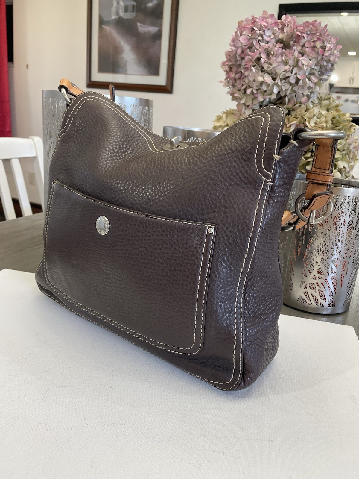 Coach Luxe Dark Brown Pebbled Leather Shoulder Bag Tote Purse w/ Wristlet Set