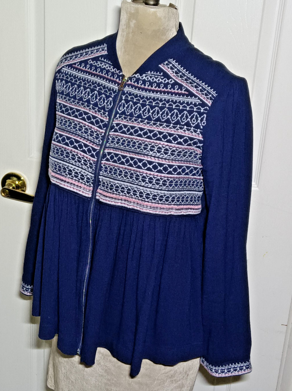Octavia Zip Front Smocked Shirt Cotton 3/4 Sleeve Swing Peblum Fair Isle Size S