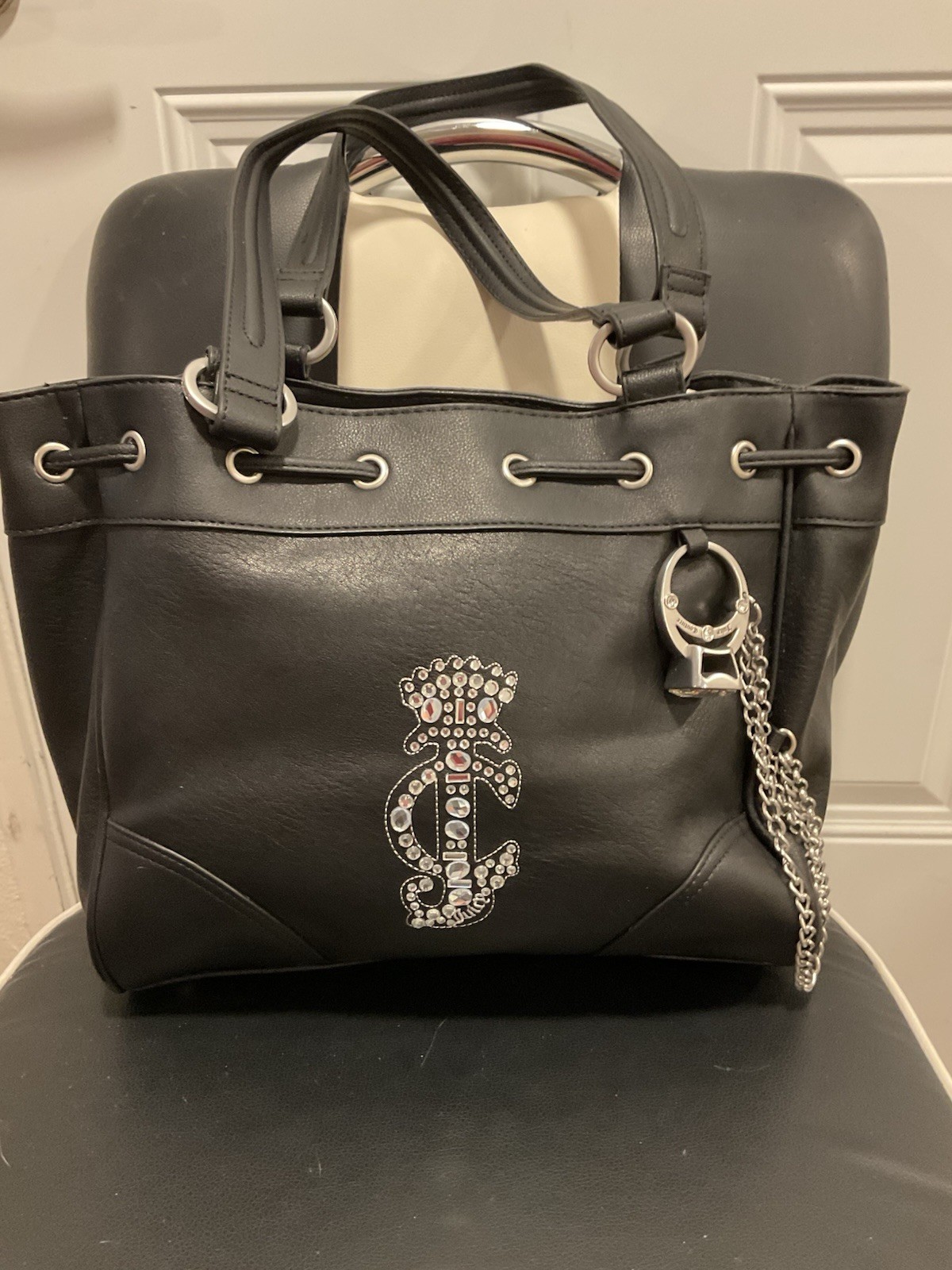 JUICY COUTURE Black Drawstring Tote JJBag Double Handles Rhinestone Crown