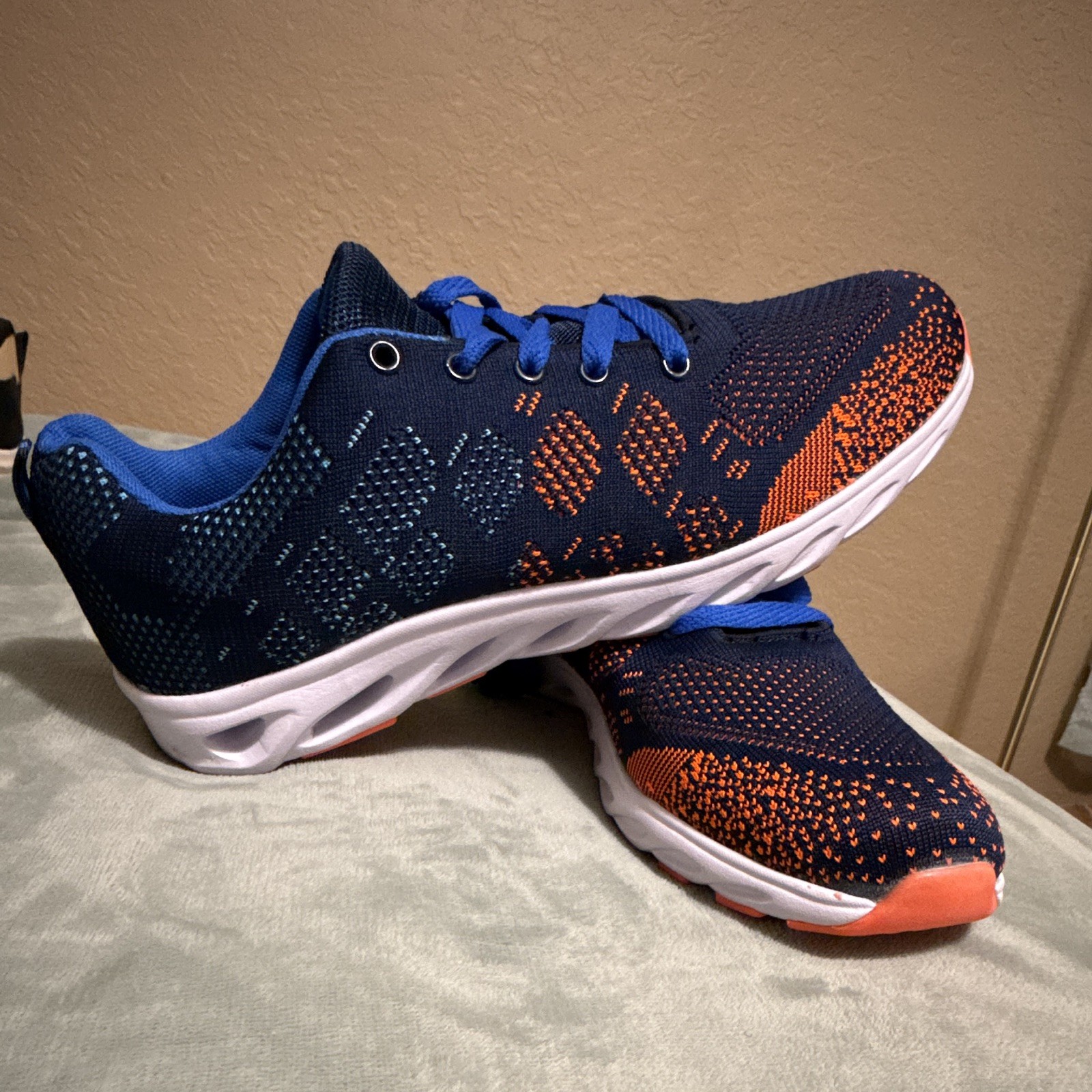 Men’s Blue/Orange/White Low Top Lace-Up Athletic Sneakers, White Sole