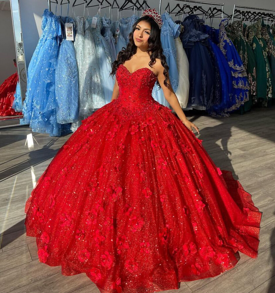 Red Princess Quinceanera Dresses Glitter Sequins 3D Flowers Ball Gowns Sweet 15