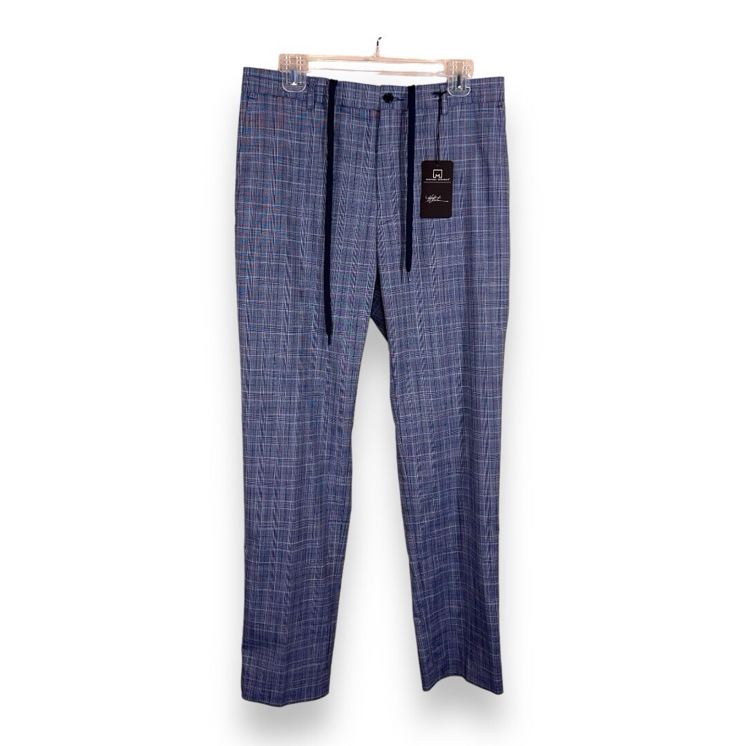 NEW 32×32 MICHAEL STRAHAN PANTS BLUE PLAID GOLF CASUAL DRAWSTRING