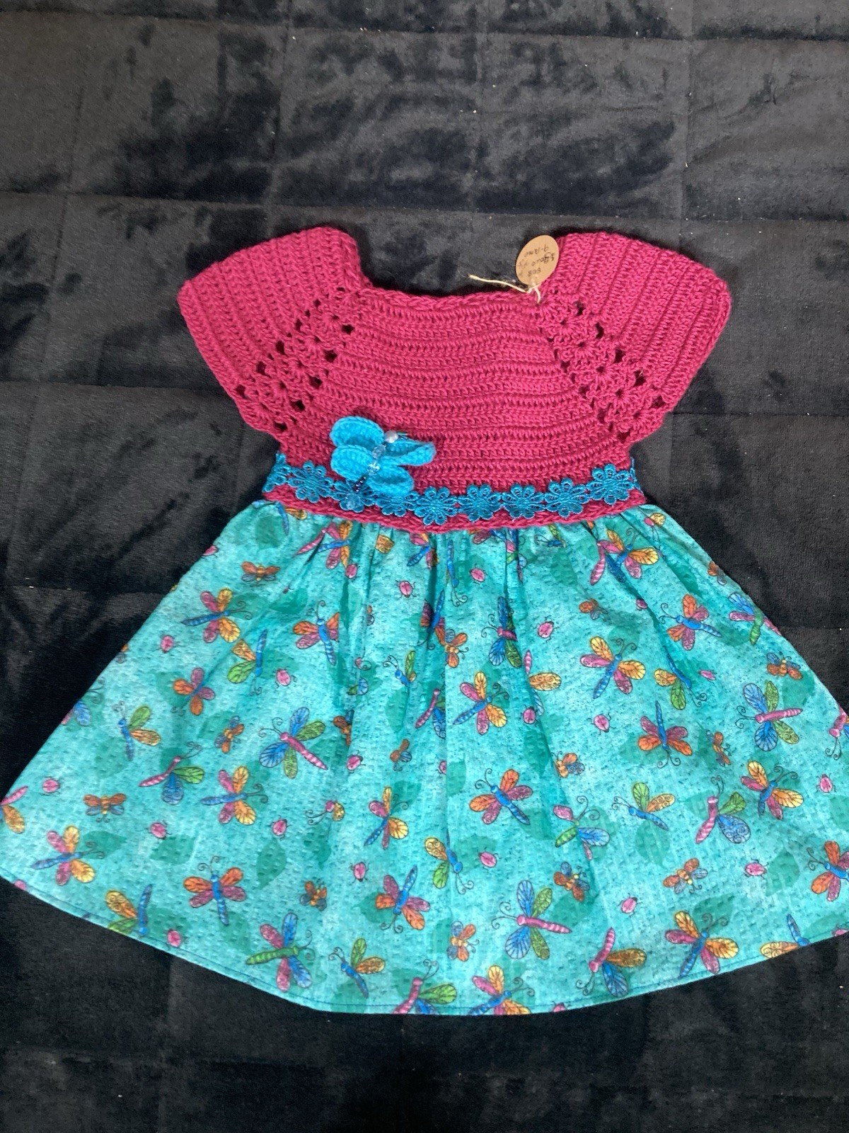 Handmade Girls Fit & Flare Dress 12-18M Pink Crochet Top Blue Butterfly Skirt