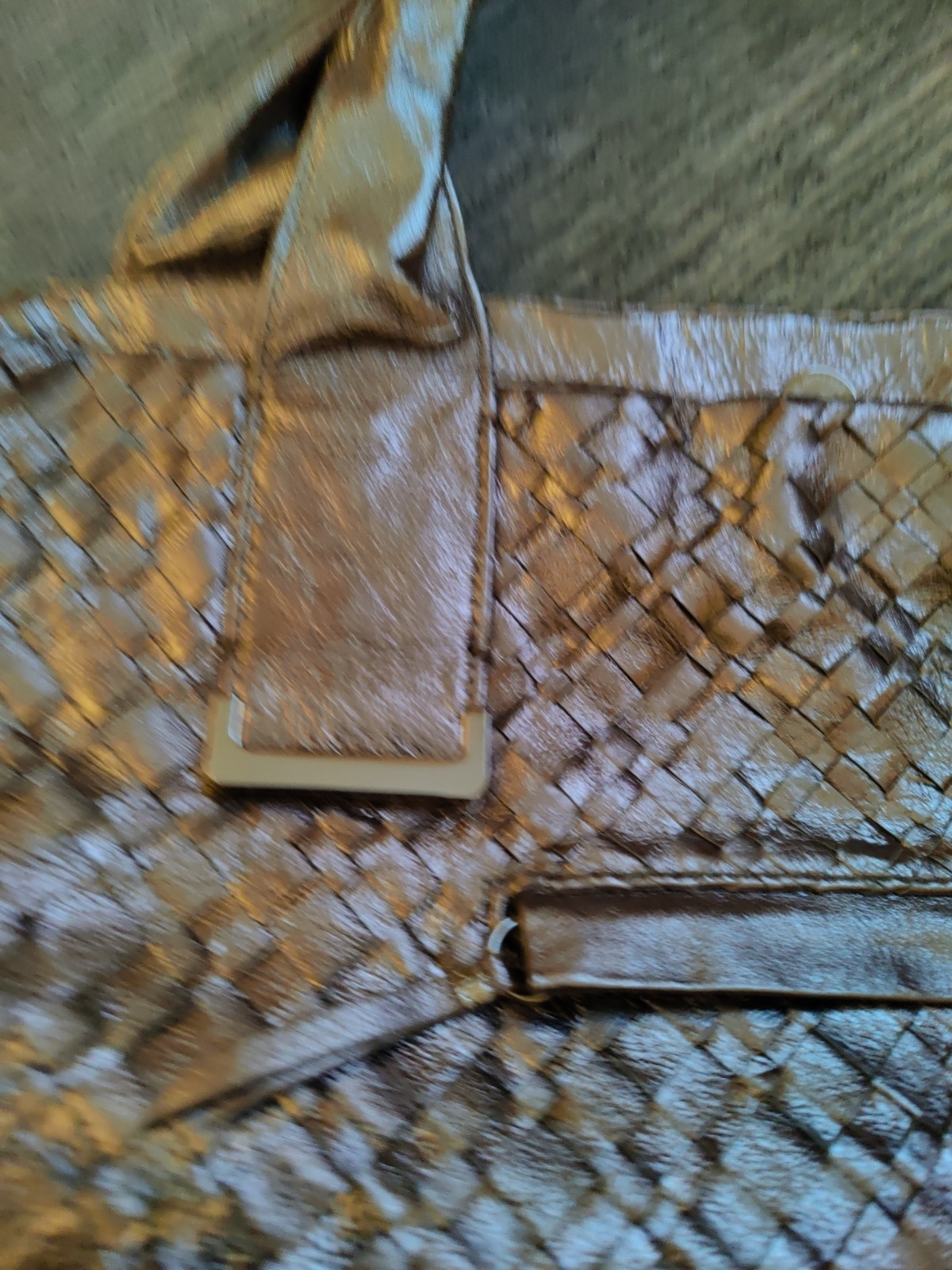 Elliott Lucca Metallic Leather Woven Handbag Tote Purse Champagne Gold Logo LG