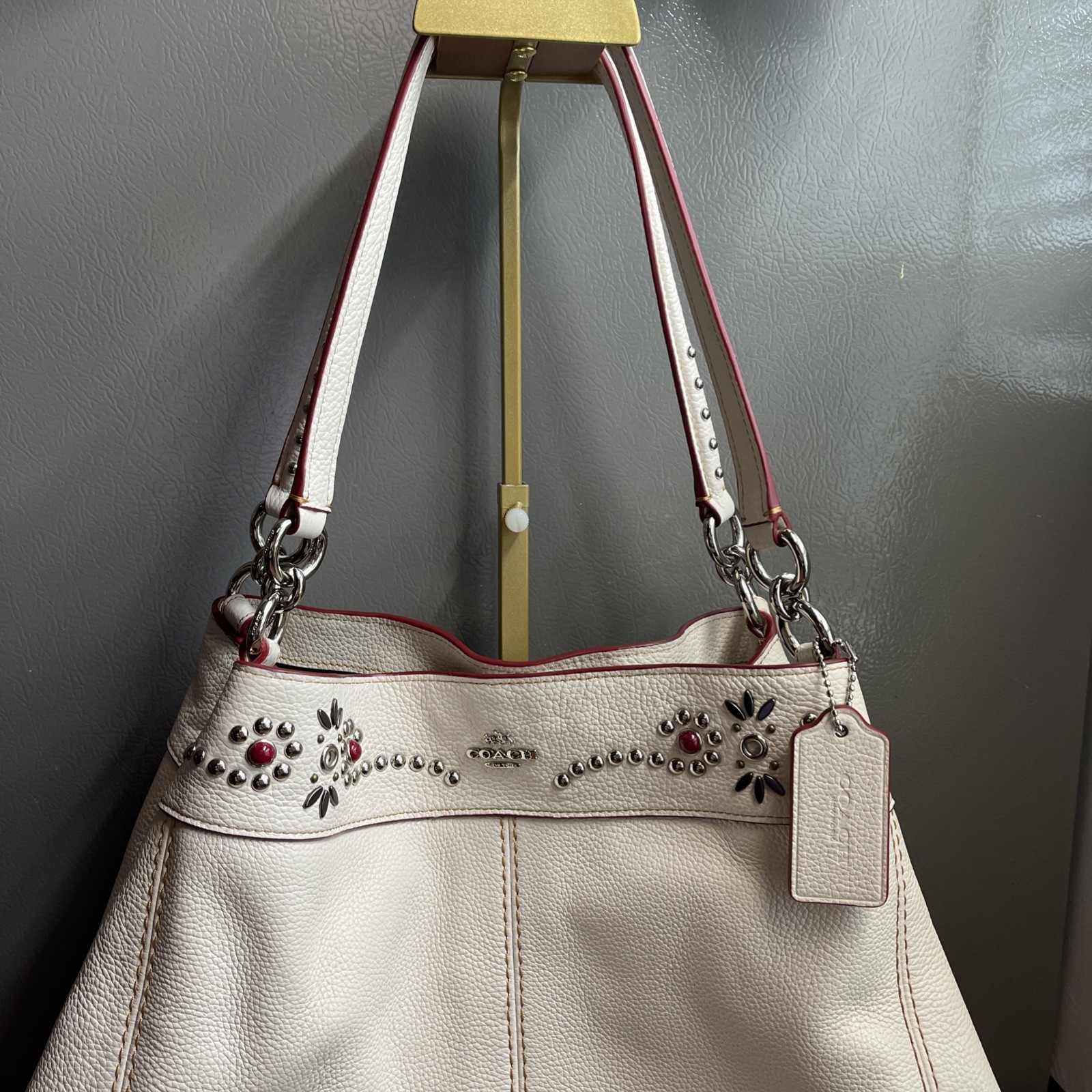 Coach Lexy Chalk White Rivet Detail Triple Compartment Shoulder Bag