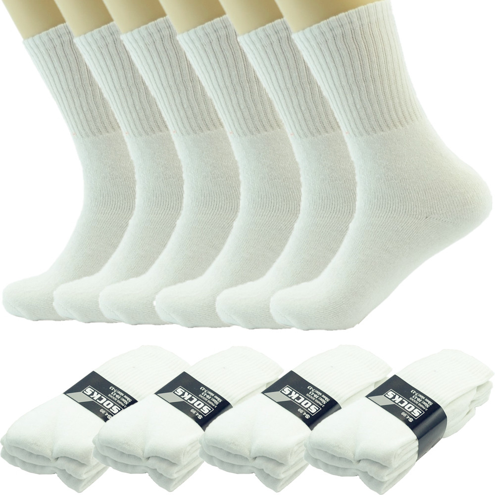 6 Pairs Mens White Solid Sports Athletic Work Crew Long Cotton Socks Size 10-13