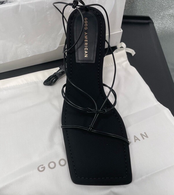 Good American Caged Neoprene Lace Up Sandals Square Sexy Square Heel Black 10