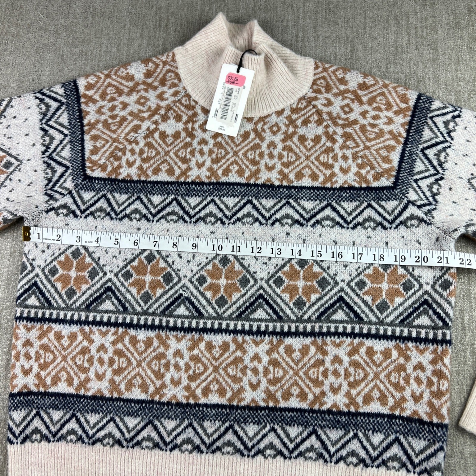 a loves a Fair Isle Sweater Women Large Cream Tan Navy Mock Neck Pullover Nordic